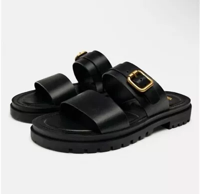 Zara | Black Leather  Strap Slide Sandals New Womens Size 40 US Size 9 • $35