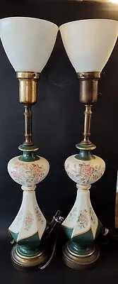 Vintage Pair Torchiere Rembrandt Lamps Moriage Floral Green Gold W/ Shades  • $149