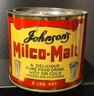 Vintage Johnson's Milco-Malt Chocolate Drink 2 LB. Tin Can W/Top - Great Colors! • $24.96