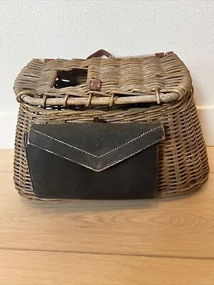 Vintage Wicker & Leather Fishing Creel/Basket- Straps Buckle Hole Pocket • $30