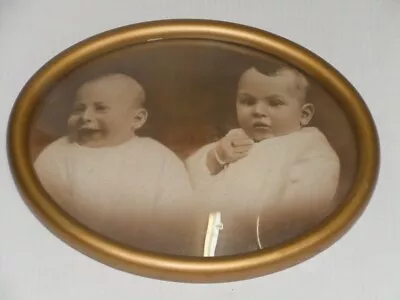 Antique Vintage Wood Oval Frame Convex Glass Picture Of 2 Babies Early 1900's • $79.99