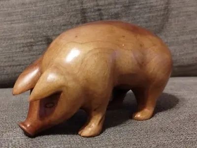 Vintage Pig Hog Sow Swine Handcarved Wooden MCM Brown Sculpture - Signed • $24.95