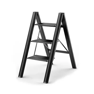 Steel 3 Step Ladder Folding Sturdy 330lbs Pedal Stool Indoor Ladder Black 33Inch • $30