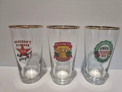 3 X Heineken Beer Glass Gold Rim - 13cm Tall LOT 2 • $19.95