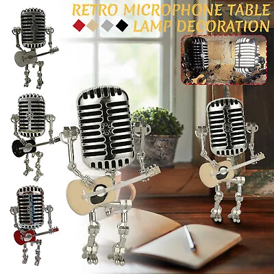 🖕 Retro Style Steampunk Microphone Robot LED Desk Lamp Holding Guitare Vintage • $22.97