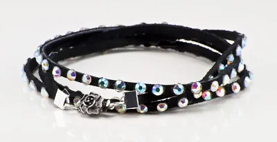 Black Swarovski Crystal And Leather 5 Wrap Bracelet With Opalescent Crystals • $35