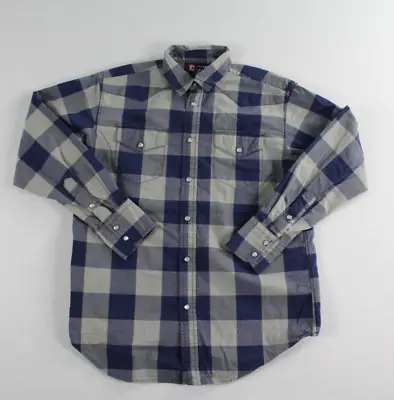 Chaps Youth Blue Gray Plaid Collar Pearl Snap Casual Large 14-16 • $10.42