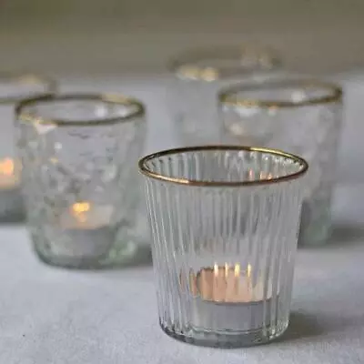 £4.95 • Buy Glass Tea Light Holder  With Gold Rim - Elegant Gold Candle Holder Wedding 