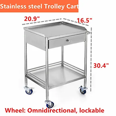 2-Tier Lab Cart With Wheels Medical Dental Cart Stainless Steel Rolling Cart • $145.35
