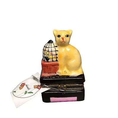 Cat Gift Box Porcelain Birdcage Hinged W Trinket Bird Present Jewelry Vintage • $16.83