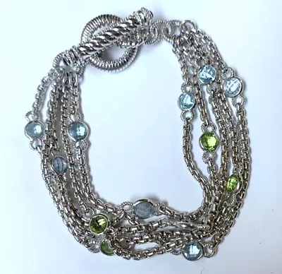 Judith Ripka Sterling Silver Blue & Green Topaz 5 Strand Toggle Bracelet-Sz 6.75 • $79.99