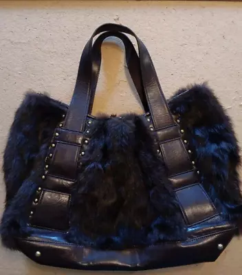 Kenneth Cole New York Brown Rabbit Fur Leather Trim Handbag Shoulder Bag - • $40