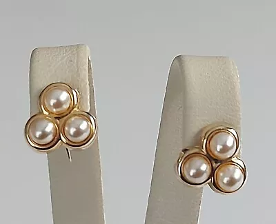 Ladies Vintage 9ct Yellow Gold Pearl Trefoil Stud Earrings 10mm Gorgeous  • £85