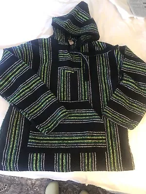 Vintage Baja Mexican Drug Rug Black& Green Woven Hoodie Pullover Sweatshirt XL • $12