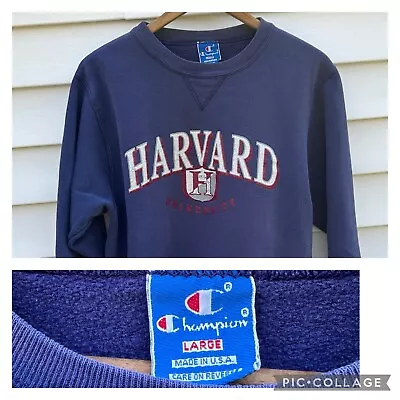 VTG Champion HARVARD Unisex Large Sweatshirt RARE MADE IN USA Blue College • $30