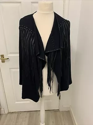 Zara Women Black Knitted Leather Fringe Tassel Cardigan  Size S /10 Open Front • £19.99