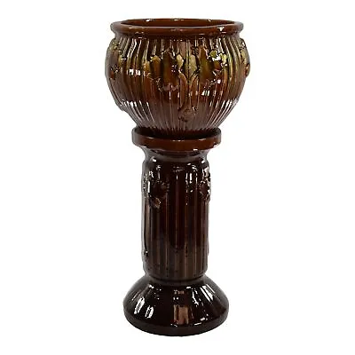 Weller Majolica 1930s Art Deco Pottery Brown Double Leaves Jardiniere Pedestal • $652.81