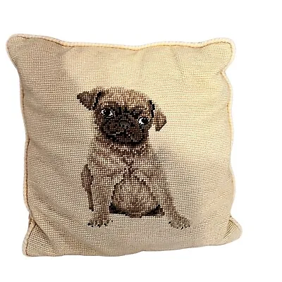 Pug Dog Vintage Needlepoint Accent Pillow 12” X 12” • $55