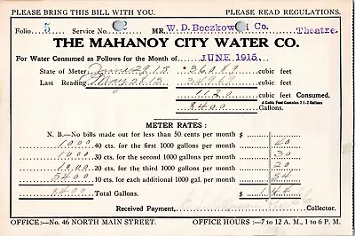 Mahanoy City Water Company Mahanoy City PA - 1915 Billhead - Water Bill • $7.99