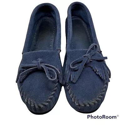 MINNETONKA MOCCASIN Kilty Hardsole Moc Flat Shoe Blue Suede Leather Women Size 9 • $24