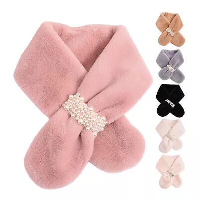 Womens Faux Rabbit Fur Scarf Shawl Collar Wrap Stole Neck Warmer With Pearl Clip • $9.18