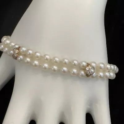 Vintage 2-Strand Cultured Pearl Bracelet 3 Spacer Pearl Stations Signed 9-8-84 • $19.99