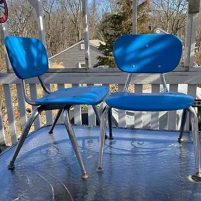 Pair Of Mid-century Blue Hard Plastic & Chrome Childrens School Chairs • $170