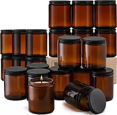 24 Pack 8Oz Amber Glass Jars With Black Lids - For Candle Making Food Storage • $45