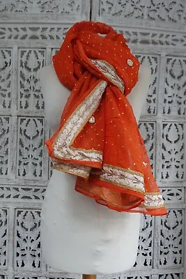 Orange Vintage Wedding Silk Chiffon Bollywood Dupatta Chunni Shawl SKU19159 • £28.99