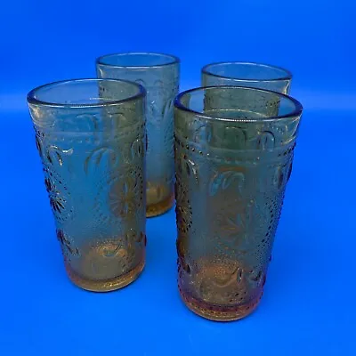 $22 • Buy 4 Vintage American Concord Brockway Glass Amber Colored Flower 4  Juice Glasses