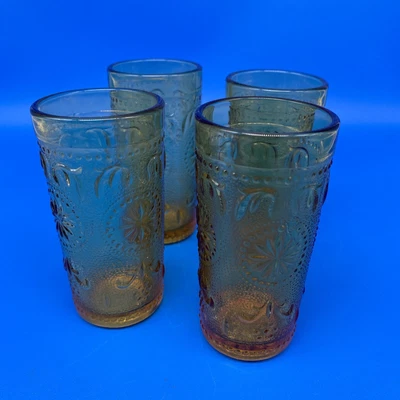 $22 • Buy 4 Vintage American Concord Brockway Glass Amber Colored Flower 4  Juice Glasses