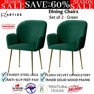 $162.97 • Buy Artiss 2x Dining Chairs Velvet Covers Armchair Kitchen Padded Seat Chair Green