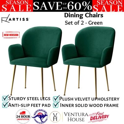 $162.97 • Buy Artiss 2x Dining Chairs Velvet Covers Armchair Kitchen Padded Seat Chair Green