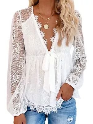 Lace Crochet Shirts Sexy Deep V Neck Long Sleeve Casual Loose Blouse Tunic Small • $17.98