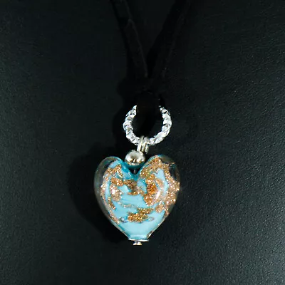 Murano Glass Necklace Pendant Light Blue Bronze Heart Shape Venice 25mm • £12.95