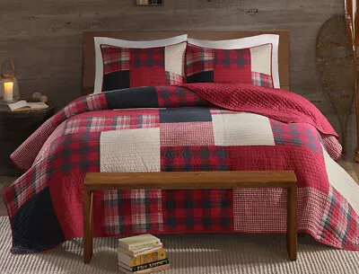 RED PLAID King / Cal King QUILT SET : BUFFALO CHECK LODGE COUNTRY CABIN COVERLET • $99.45