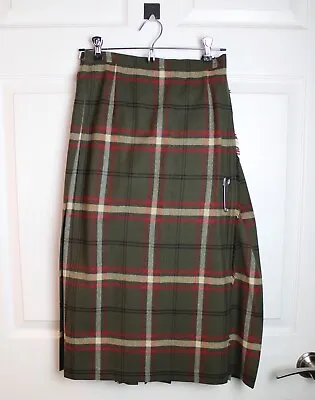 VTG James Pringle Scotland Wool Olive Tartan Kilt Skirt Leather Straps Pin Sz SM • $59.99