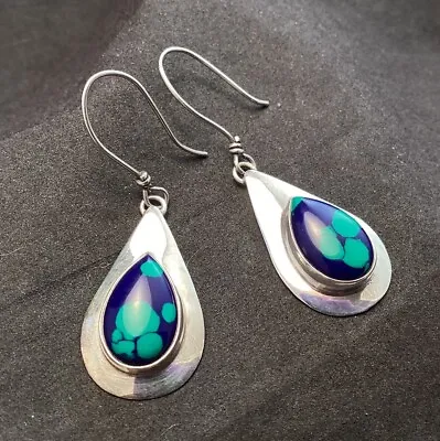 Beautiful Vintage Navajo S.J Selena Jake Sterling Silver Azurite Dangle Earrings • $45