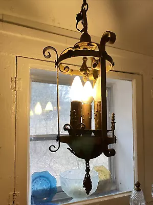 Antique Spanish Gothic Iron Bronze Finish Lantern Foyer/Hall Pendant Light • $321