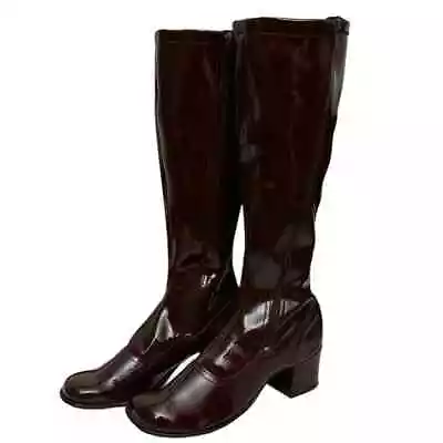 Vintage Fascinators Size 7.5 Tall Go-Go Burgundy Faux Leather Vinyl Heeled Boots • $125