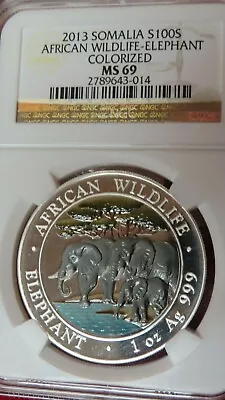 2013 Colorize Somalia 100 Shillings African Elephant .999 Silver Coin NGC MS69 . • $346.99