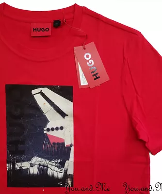 HUGO BOSS LOGO-ARTWORK Cotton Crew Neck Cotton Jersey T-Shirt Red S / XL NEW • $29.95