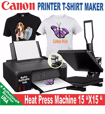 HEAT PRESS 15X15 MACHINE PLUS CANON PRINTER TANK Cotton INK T-SHIRT MAKER START • $714