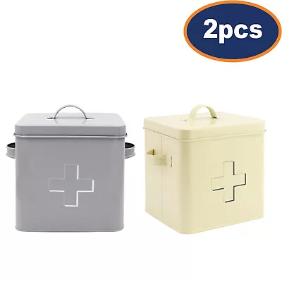 Set Of 2 First Aid Box Storage Tin Metal Grey Cream Container With Airtight Lid • £23.95