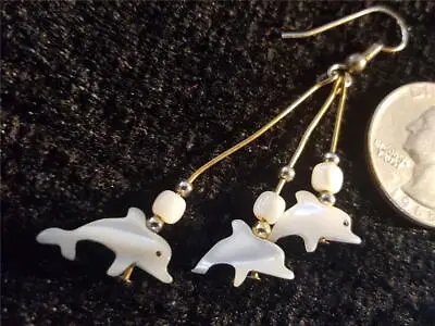 Vintage Dolphin Dangle Earrings Jewelry Wire Hook Beaded Mother Of Pearl Bead • $1