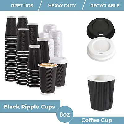 Disposable Coffee Cups Black Ripple Paper Cup For Hot And Cold Drink 4/8/12/16oz • £8.95