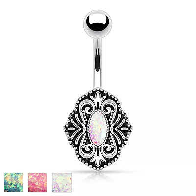 Synthetic Opal Glitter Vintage Surgical Steel Navel Belly Button Ring 14g 3/8  • $7.95