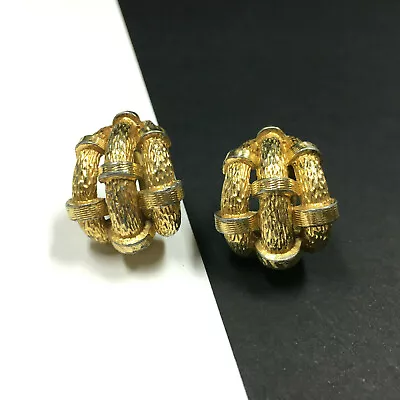 Vintage JOSEPH MAZER Gold BAMBOO Clip Earrings CHUNKY Textured Gold PL R14i • $39