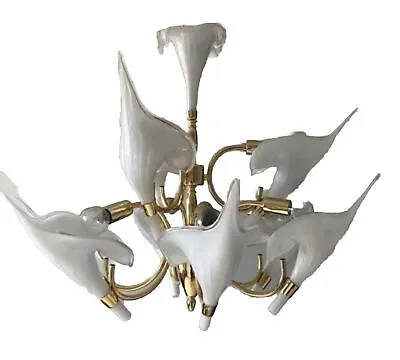 MURANO Italian Glass Calla Lily Brass Chandelier Franco Luce Murano 2 Tier • $3250