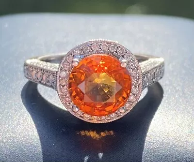 Mandarin Orange Spessartite Spessartine Garnet Halo Diamond Ring 18K WG • $1750